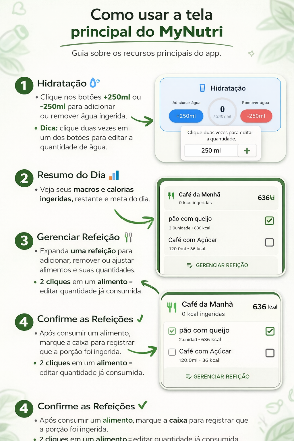 Tela principal do MyNutri com resumo do dia e refeições